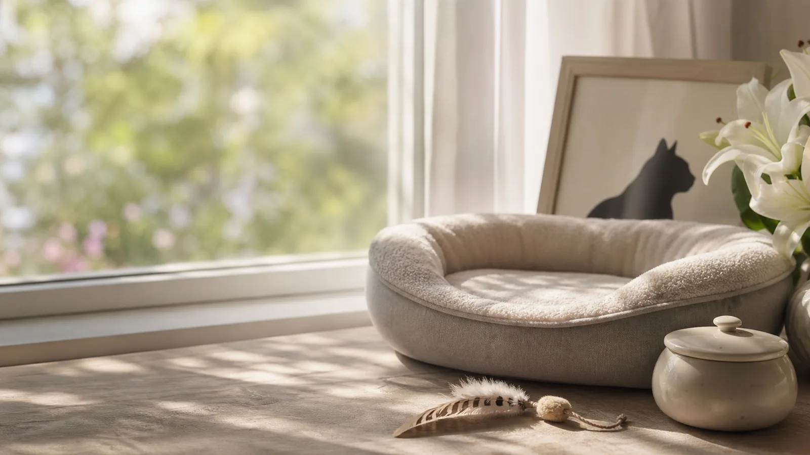 Cat remembrance objects — AI-created editorial image, not a provider or facility